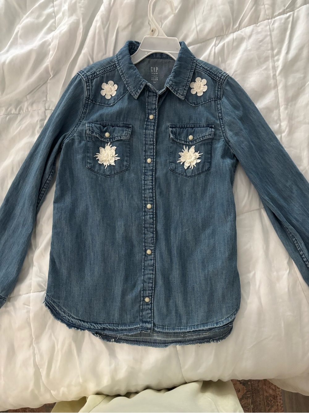 Girl’s GAP Denim Button-Down Shirt with White Floral Appliqué - Blue